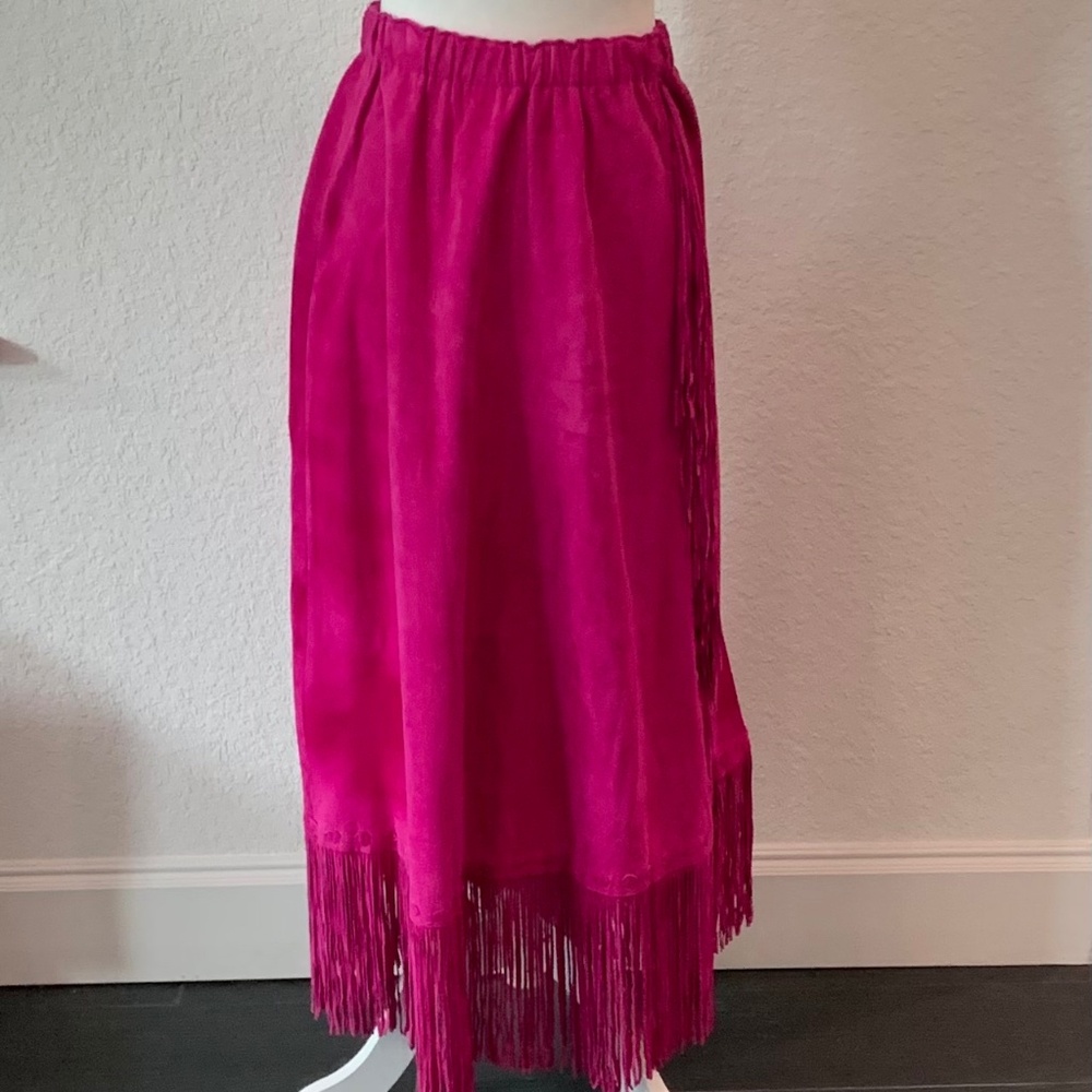 Bright Pink Lamb Suede Skirt with Fringed Hemline.